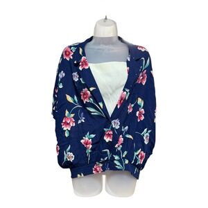 Jaclyn Smith Floral Blouse Women Large Navy Blue NEW Smocked Waist Layered Look